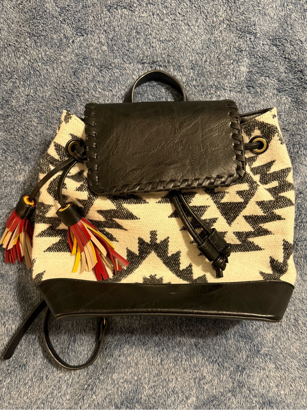 Black & Cream Aztec Pattern Backpack with Colorful Tassels